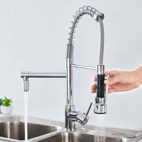 AuraLum kitchen faucet with pull-out spray head, modern, high spout, 360° swivel brass, extendable sink faucet with 2 spray patterns (1/4)