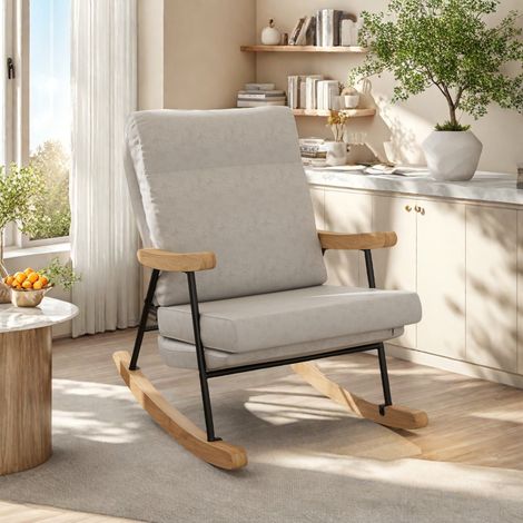 Schaukelstuhl, Rocking Chair mit ausziehbarer Fußstütze, 88 x 60 x 98 cm, Skandinavischer Stil, Relax-Schaukelstuhl aus Massivholz, Baumwolle und Leinen, Gelb