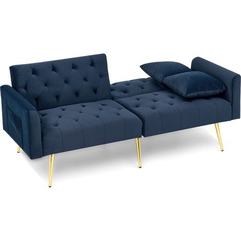 ELVMI Sofá Convertible 2 Plazas con Respaldo Ajustable, 2 Cojines, Patas de Metal, en Terciopelo Azul (1/5)