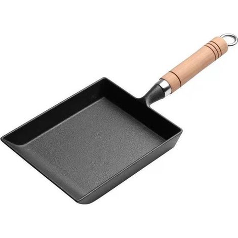 Sartén rectangular de hierro fundido para tamagoyaki, con mango de madera, apta para inducción, antiadherente y curada, 15x18 cm. (1/5)