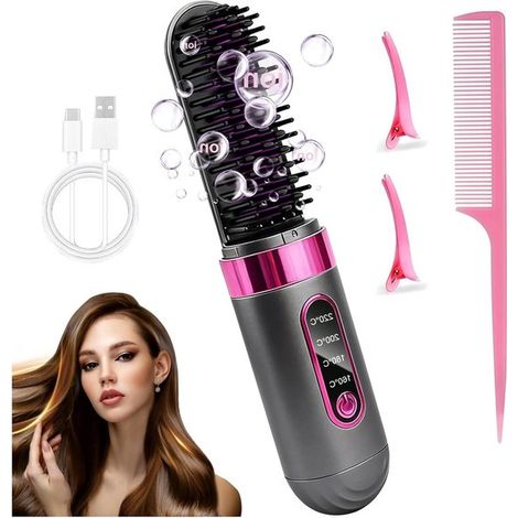 Brosse coiffante sans fil pour cheveux courts - Mini brosse portable avec ions négatifs - 4 niveaux de température - Écran LCD pour les voyages et une utilisation quotidienne - Noire (1/5)