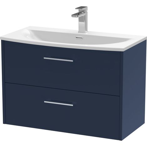 Winshill Contemporary 2 Drawer Wall Hung Vanity Unit with Curved Basin, Dark Blue, 800mm