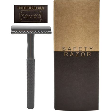 Rasoir de sécurité double face, coloris noir, avec 5 lames et coffret cadeau élégant (1/5)