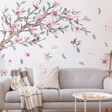 [Couleurs pastel] Sticker mural grand motif fleurs de cerisier rose arbre branche XXL (120 x 100 cm) I Sticker mural fleurs à suspendre fleurs oiseaux sur arbre I sticker mural (1/5)