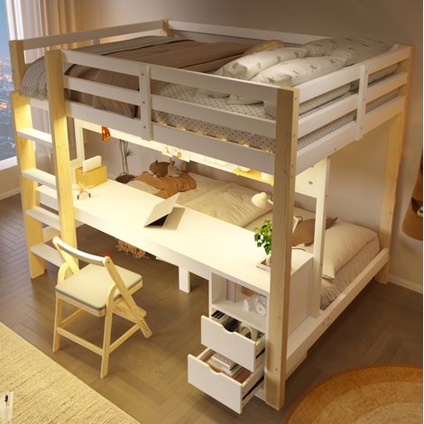 Lit superposé 140x200 cm avec lit 90x200 cm, bureau, tiroirs, panneau perforé, LED, pin blanc et naturel (1/5)