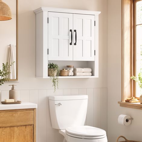 Armoire Haute Murale de Salle de Bain ou WC Placard 2 Portes 2 étagères Niche dim. 60L x 20l x 58H cm MDF Panneaux Particules Blanc (1/5)