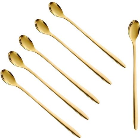 Cucharas，Juego de 6，Acero inoxidable，Cucharas de café de mango largo，Cucharas para helado y bebidas frías，Cucharas para remover，14 × 2,5 cm (1/5)