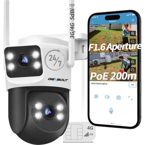 GENBOLT 3G/4G LTE Caméra Surveillance Sans WiFi, Caméra Extérieure Filaire Double Objectif avec Carte Sim, 24/7 Enregistrement Continu PoE PTZ CCTV IP Camera 4G Cellulaire Détection Humaine Suivi Auto