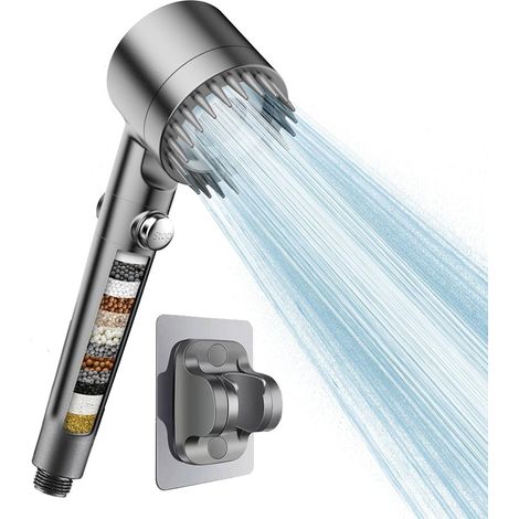 Pommeau de douche filtrant avec douchette, doté d'un jet haute pression, d'une fixation murale et équipé d'un filtre à sulfite de calcium visible adapté aux eaux dures. (1/5)
