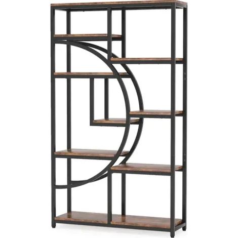 Libreria geometrica autoportante a 9 livelli, metallo nero e legno rustico (1/5)