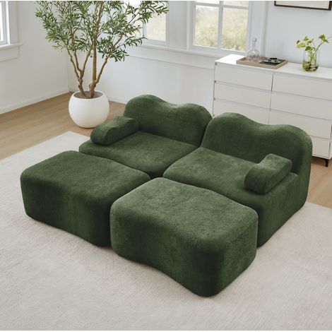 Divano modulare in velluto verde con 2 pouf, design senza struttura, 2-4 posti (1/5)