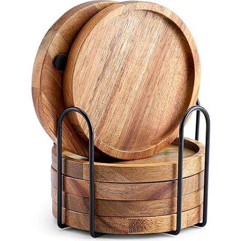 Untersetzer Holz Rund für Gläser 6er Set, Untersetzer aus Akazienholz mit Halter, Glasuntersetzer für Getränke, Bar, Tassen, Glas (1/5)