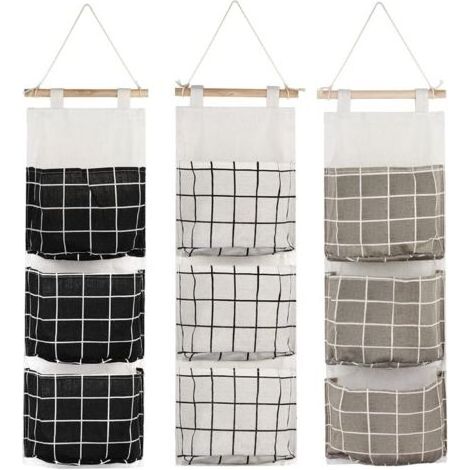 3Pcs Sac de Rangement Suspendu avec 3 Poches Étagère Mural en Tissu Panier Pochette de Rangement Organisateur pour Chambre Salle de Bain Cuisine - Étanche & Élégant (Noir/Gris/Blanc) (1/5)