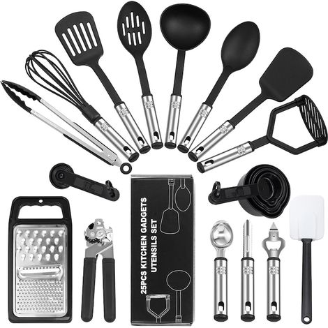 Set di 25 utensili da cucina, con grattugie, in silicone antiaderente, con ganci, resistenti al calore fino a 230℃, per cucinare, neri. (1/5)
