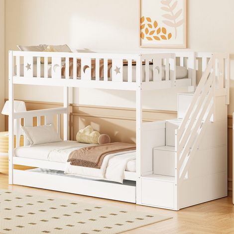 Lit superposé 90x200 en bois massif blanc avec lit escamotable 90x190, échelle sécurisée et lattes incluses (1/5)