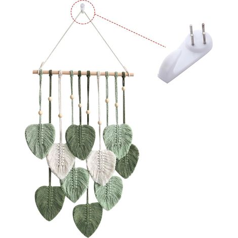 Tenture Murale Boho en Macramé, Tapisserie Déco Feuilles Vertes Grande Tissee Plumes Boheme Faite Main avec Perles Bois pour Salon,Chambre à Coucher,Décoration Mariage,Chambre Enfants,Appartement,Vert (1/5)