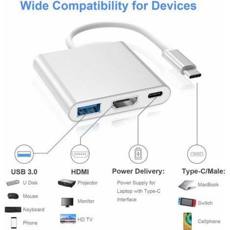 Adaptateur Type C - - Hub HDMI 4K - 3 en 1 - USB 3.0 - 3 Ports (1/2)