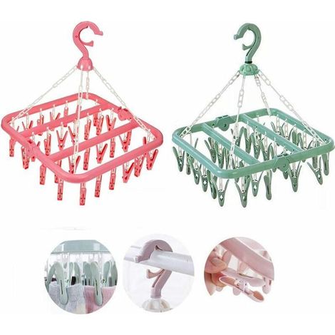 Etendoir Chaussette, 2PCS Étendoir à Linge à Suspendre Clips Séchoir Portable Étendoir Plastique avec 32 Clips pour Chaussettes sous-vêtements Vêtements Serviettes(Rose,Vert) (1/4)