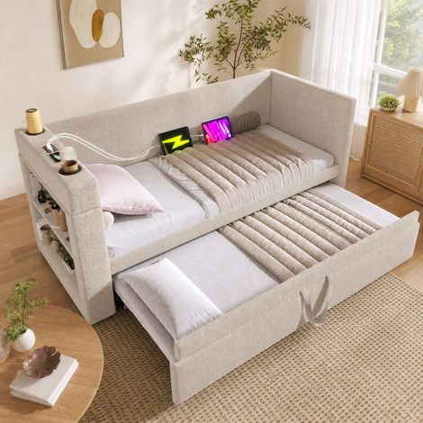 Divano letto 90x190 cm in tessuto beige, letto estraibile per salotto, senza materasso - FLORAGRACE (1/5)