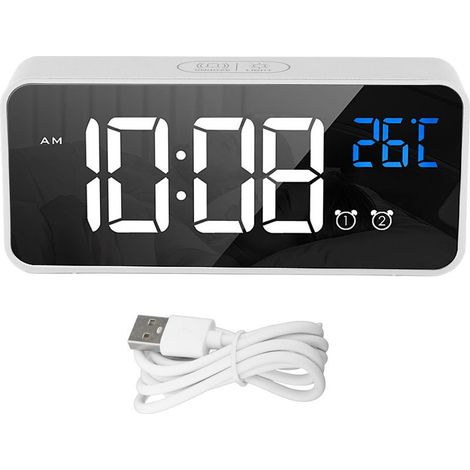Réveil miroir LED avec deux alarmes, rechargeable et à commande vocale, idéal pour la chambre ou la table de chevet (argenté). (1/5)
