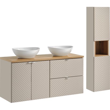 Badmöbel Set 2-teilig in Beige und Eiche mit 120 cm Doppelwaschtisch VERACRUZ-56 (1/5)