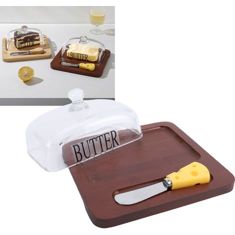 Beurrier en bois avec couvercle en verre transparent, outil de coupe, facile à nettoyer, idéal pour les gâteaux au fromage et les desserts, couleur marron foncé. (1/5)