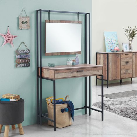 Rustic Oak Dressing Table with Mirror and Storage Drawers Oak Effect Industrial (1/5)