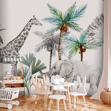 Papier peint photo - Papier peint animaux de la jungle pour une chambre d'enfant style dessin animé (1/5)
