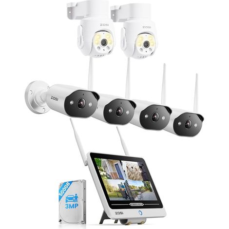 Kit WiFi 6 Extérieur Tout-en-Un, Caméra 3MP + 2pcs Caméra PT 5MP NVR 12″ Écran 8CH 8MP, Disque 500 Go, IA Détection Personne, Vision Nocturne Couleur Alerte Instantanée, Surveillance 24/7 (1/5)