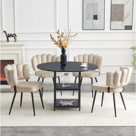Rundes Esszimmer-Set Ø 107 cm aus MDF und schwarzem Metall, 4 Stühle, platzsparend – MEUBLIV (1/5)
