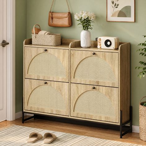 Scarpiera stretta a 4 ante basculanti, 121 x 25 x 91,5 cm, legno naturale, DESVIAE (1/5)