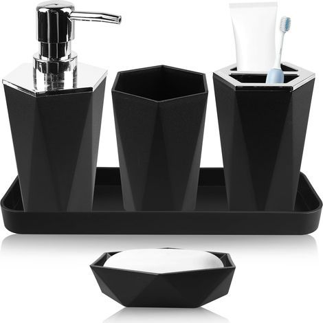 Set aus 5 Badezimmeraccessoires aus Kunststoff, bestehend aus Becher, Zahnbürstenhalter, Schminktablett, Seifenspender und Seifenschale (schwarz). (1/5)