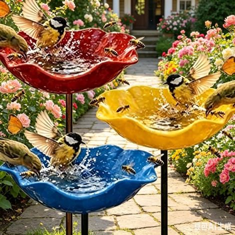 Supporto da giardino in metallo con fiori perenni, vaschetta per uccelli e abbeveratoio per farfalle/api (30 cm)