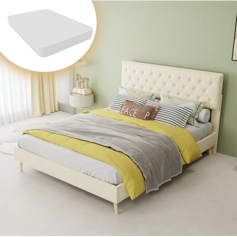 Cama moderna de terciopelo beige 140x200 cm con cabecero alto acolchado y somier de láminas, colchón incluido