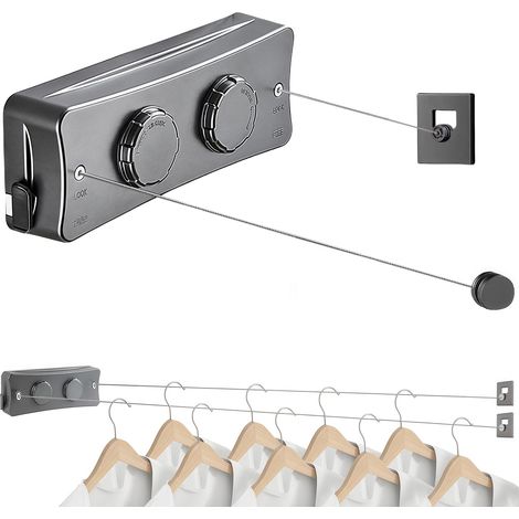Corde à Linge Rétractable 2 x 5,1M Acier Inoxydable,Séchoir Mural Extérieur et Intérieur,Étendoir Gain de Place (Gris) (1/5)