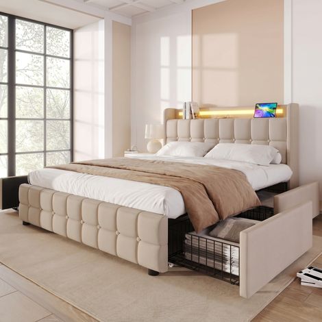 Lit 180x200 avec 4 tiroirs rangement, lit double king size, sommier à lattes, tête de lit avec prises USB, LED, capitonné tissu lin, Beige