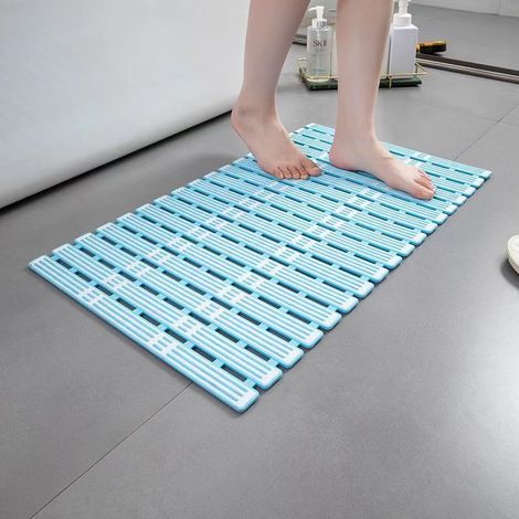Tapis de bain bleu 90 x 40 cm - Tapis de baignoire antidérapant avec trou de drainage, sans BPA - antidérapant (Lavable en machine) (1/5)