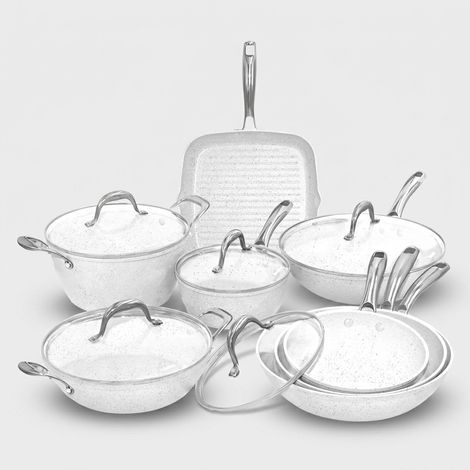 13-teiliges Kochgeschirr-Set mit antihaftbeschichteten Pfannen und Grillpfanne Stonewhite (1/5)