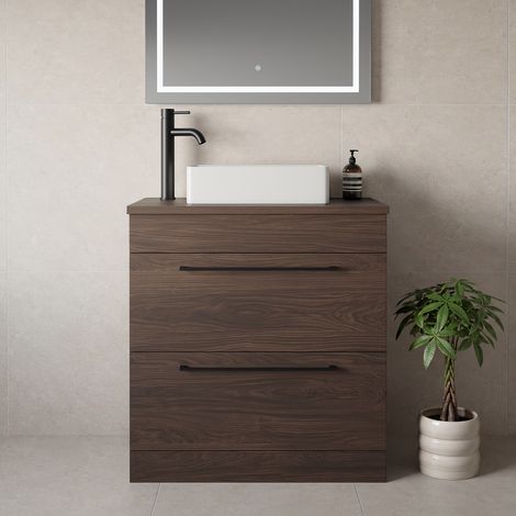 Napoli 390 Brown Oak 800mm 2 Drawer Vanity Unit for Countertop Basins - 800mm - Matt Black 480mm Handle