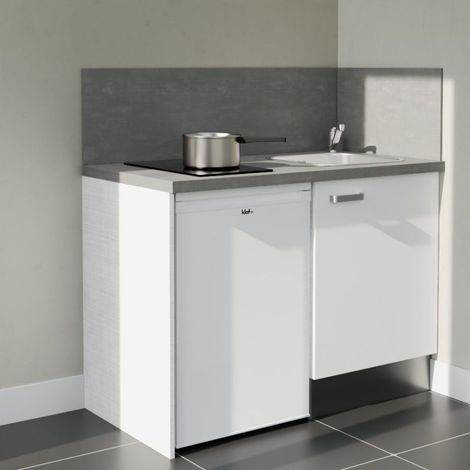 Kitchenette K08L-PT - 120 cm - plan stratifié, évier inox, - Façade Blanc - Plan Gris béton - Evier Inox - Crédences Oui + Electroménager inclus coloris Blanc