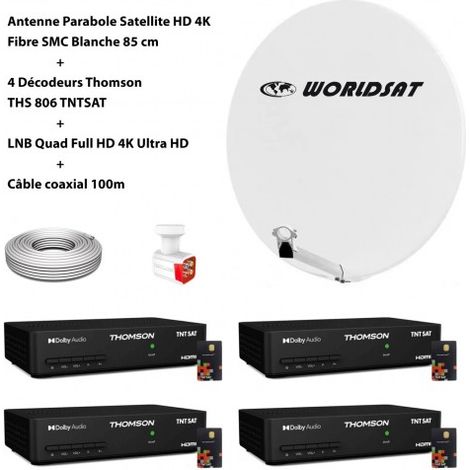 Kit Antenne Parabole Sat HD 4K Fibre SMC Blanche 85cm WORLDSAT + 4 Décodeurs Thomson THS 806 TNTSAT + LNB Quad 4K Ultra Full HD + Câble coaxial 100m (1/5)