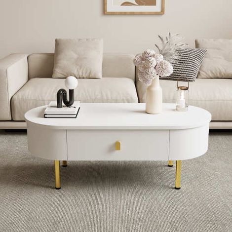 Mesa de centro blanca con 2 cajones, tiradores y patas dorados, esquinas redondeadas, 108x50x40 cm (1/5)