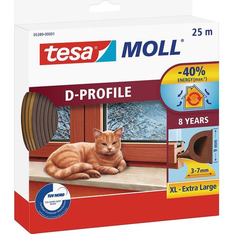 Burlete autoadhesivo de caucho TESA para ventanas y puertas, color marrón, 9 mm de diámetro x 25 m.