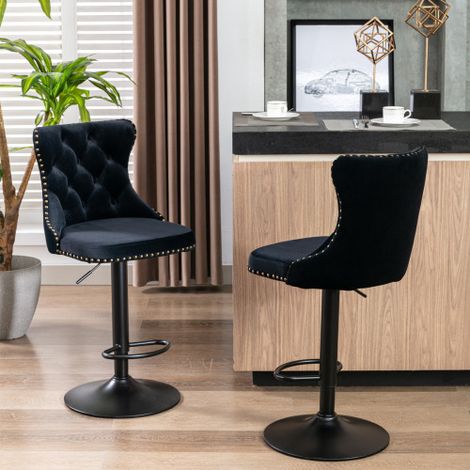 Sgabelli da bar girevoli in velluto con altezza della seduta regolabile da 63,5 a 84 cm, base da 45 cm, sgabelli da bar moderni imbottiti con schienale comodo trapuntato per pub, casa e isola cucina, (1/5)