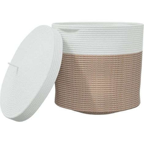 Panier de rangement à rayures marron et blanches avec couvercle, 40 cm de diamètre, 35 cm de hauteur, en coton. (1/5)