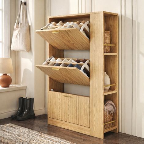 DESMIU Meuble à chaussures 3 portes avec niches ouvertes pour entrée et chambre, MDF, naturel, 70 × 23,5 × 115 cm (1/5)