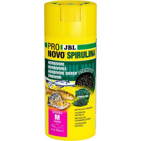 JBL PRONOVO SPIRULINA GRANO, granulato per mangime verde per tutti i pesci d'acquario da 8 a 20 cm, granulato per mangime per pesci, dosatore a clic, taglia M, 250 ml