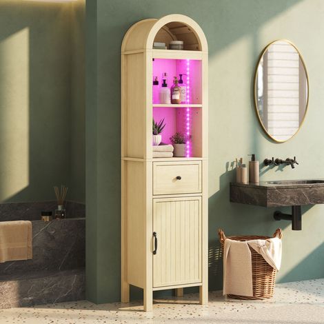 Armario Alto de Baño Independiente con 2 Puertas Reversibles, Cajón e Iluminación RGB, MDF, Madera Natural, 40×30×163 cm (1/5)
