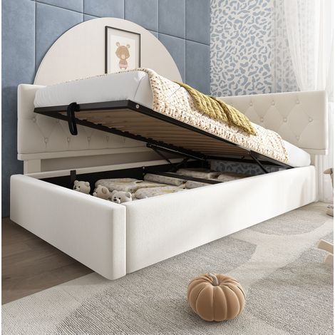 Letto contenitore singolo 90x200 cm, con sollevamento idraulico e rete a doghe, in velluto beige, senza materasso (1/5)