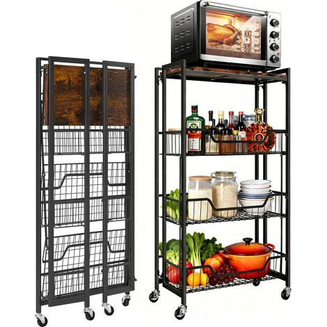 Chariot de Rangement Cuisine 4 Niveaux Pliable – Structure Robuste 45 kg – Étagères Amovibles – Aucun Montage – Énorme Capacité – Cadre Noir Panneau Marron (1/5)